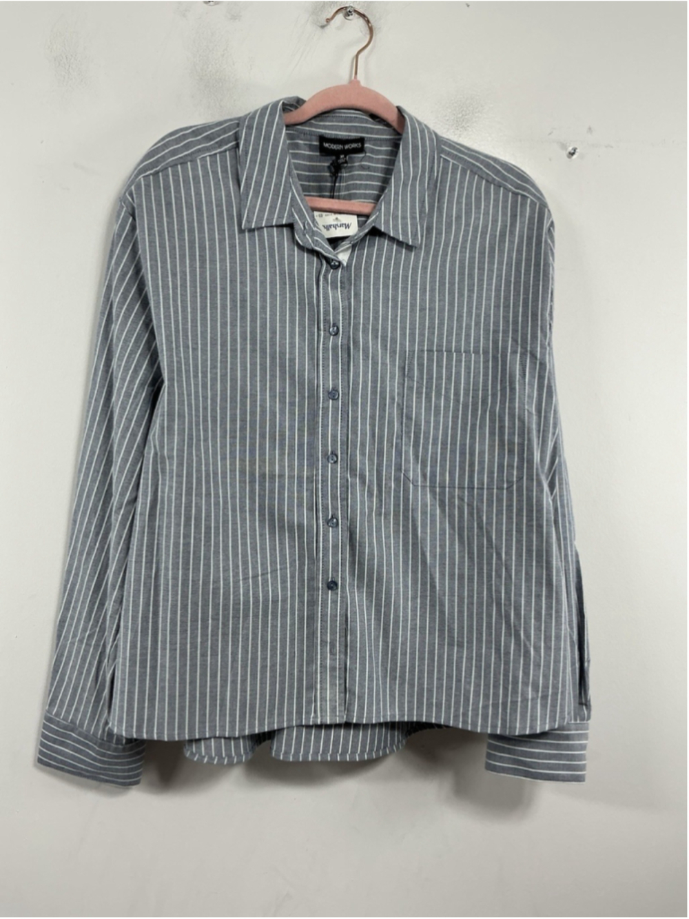 Womans NWT Modern Works Long Sleeve Button Up Blouse XL Blue White Stripe